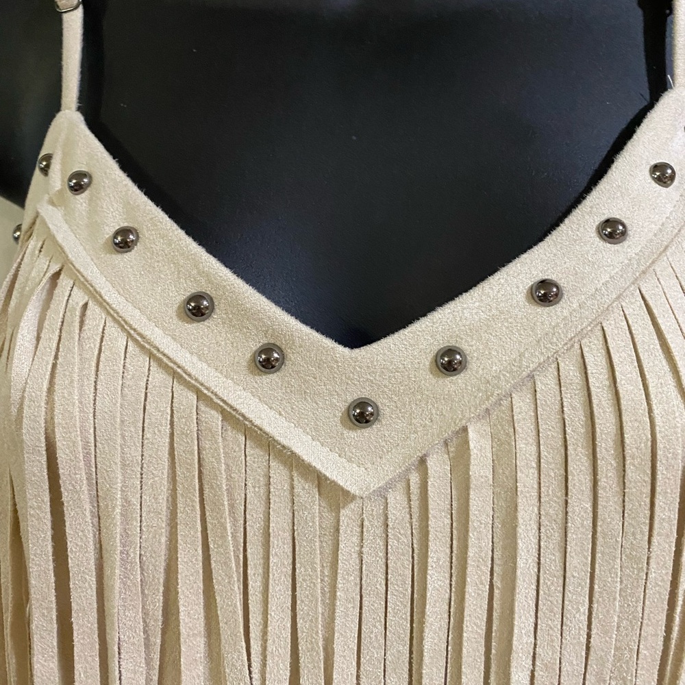 Vocal Triple Tier Fringe Adjustable Strap Faux Suede Camisole Studded Neckline - Picture 5 of 12